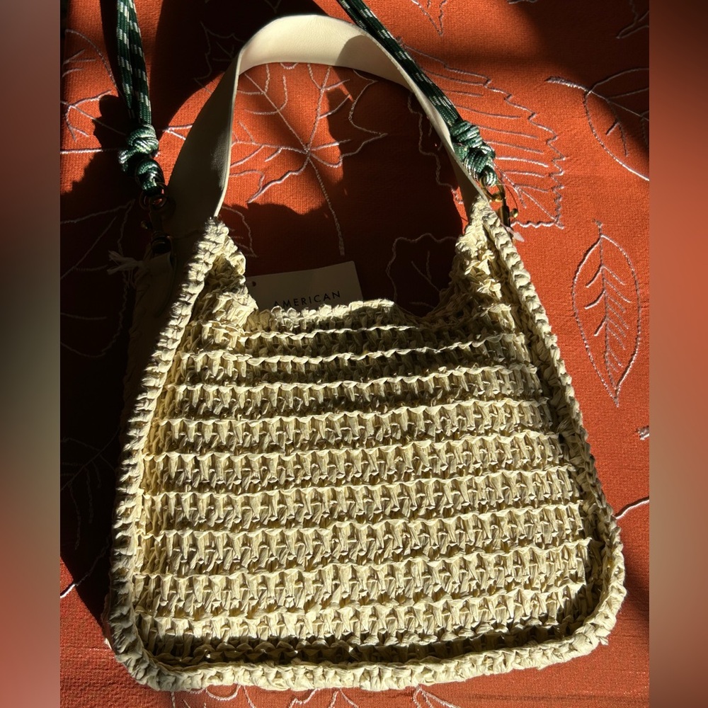 Cream Woven Hand + Shoulder Bag with Cream or Green Adjustable Strap NEW! - Picture 12 of 14